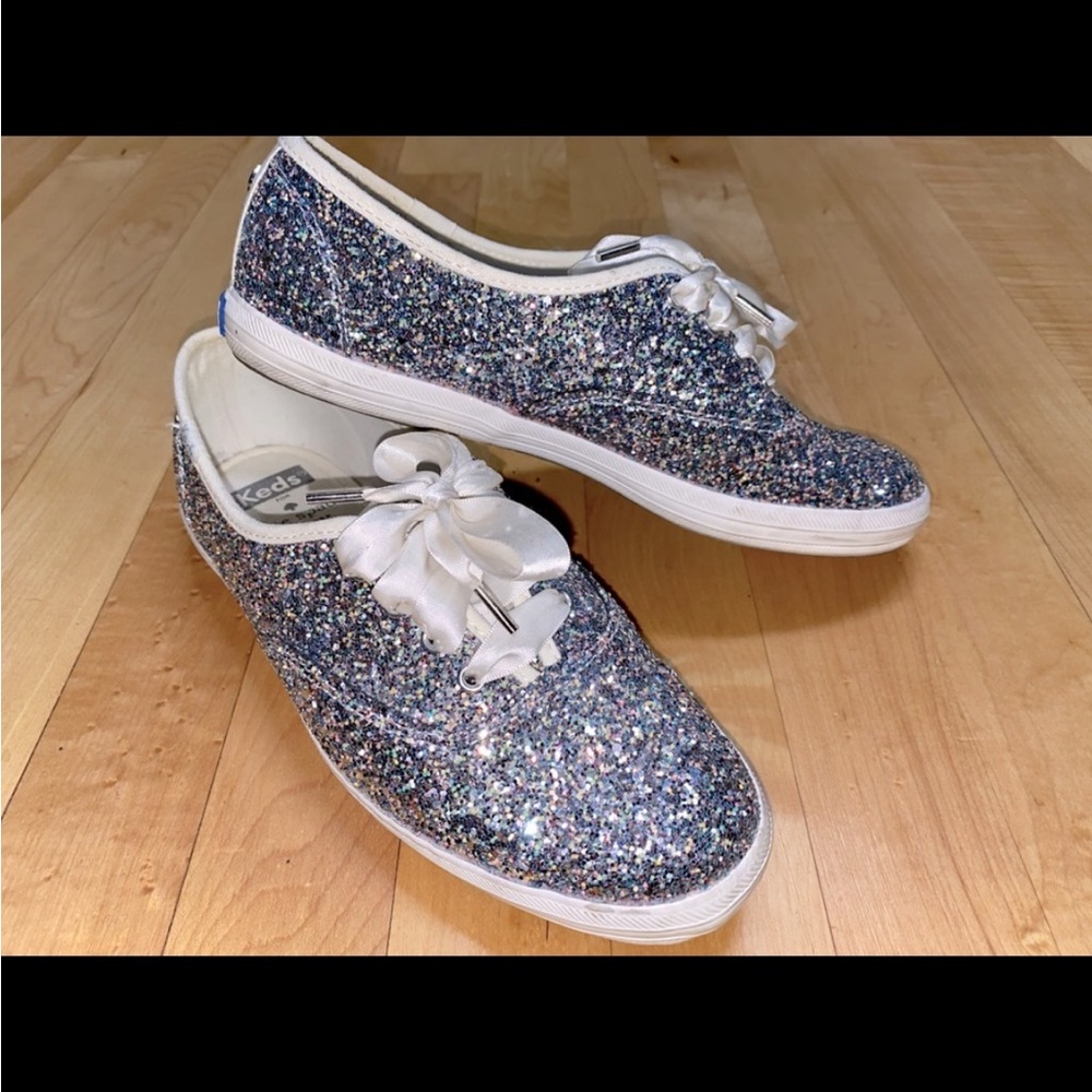 Kate Spade NY & Keds, Champion Silver Glitter Ribbon Lace Sneakers, EEUC, Sz 6.5